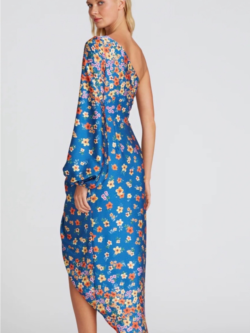 NWT AMUR One-Shoulder Blue Floral Twist-Front Midi Dress SIZE 4 - Picture 2 of 8